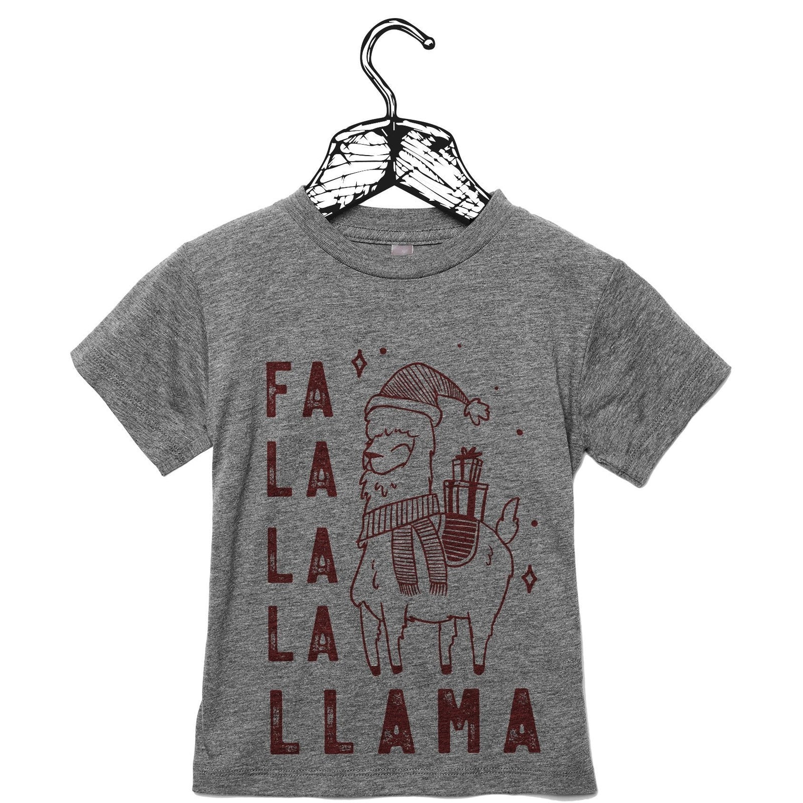 FA LA LA Llama Kids Toddler's Go-To Crewneck Tee Heather Grey Scarlet on hanger