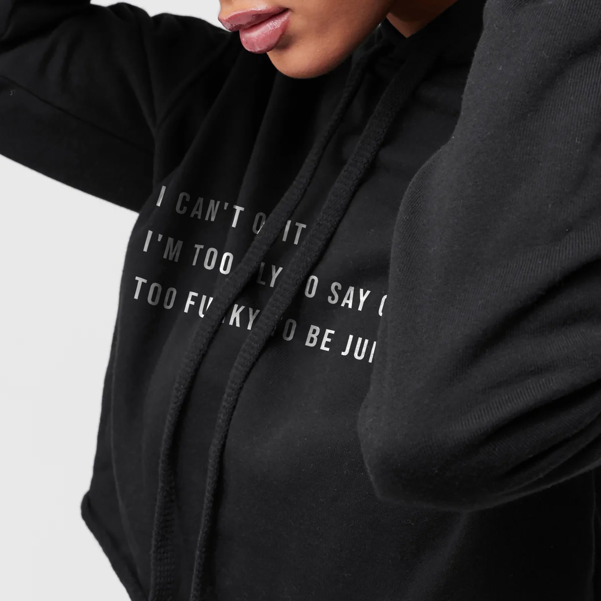 Too Fly to Say Goodbye, Too Funky to be Junky Cropped Hoodie Solid Black Closeup Artwork and Texture