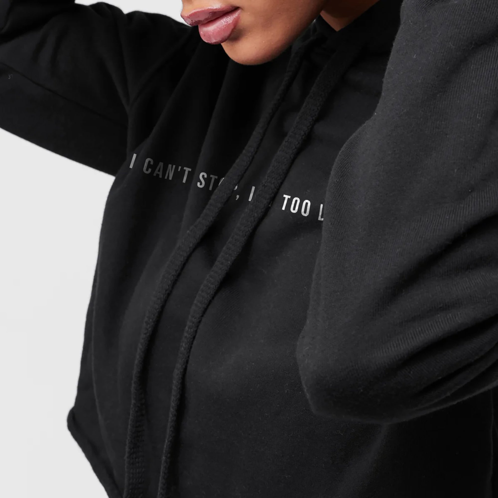 Too Lit to Quit Cropped Hoodie Solid Black Closeup Artwork and Texture