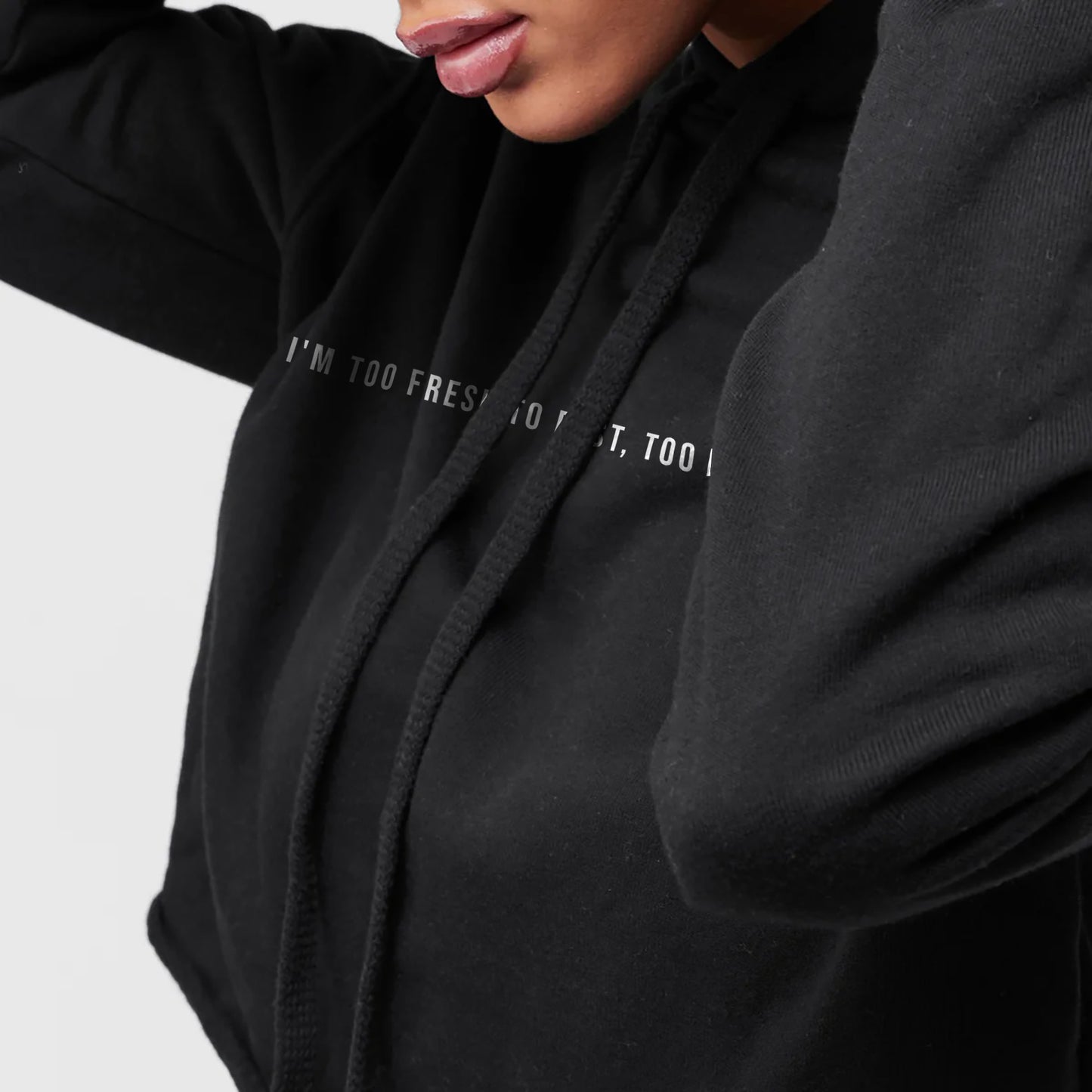 Too Fresh to Rest, Too Bold to Fold Cropped Hoodie Solid Black Closeup Artwork and Texture