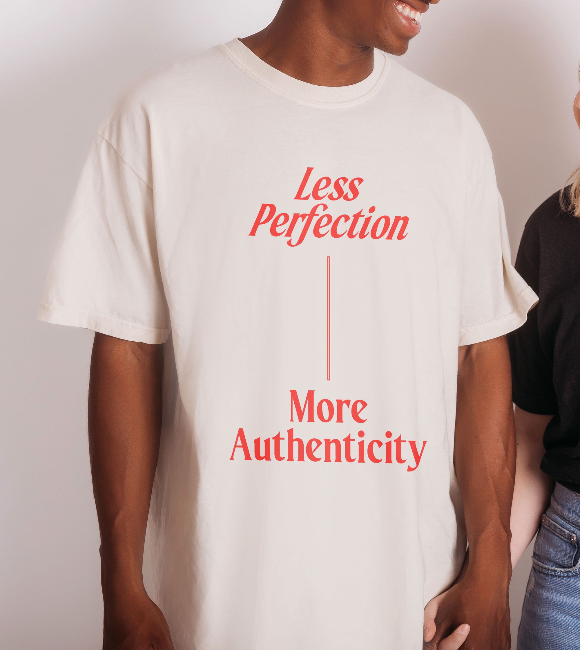 Less Perfection More Authenticity Garment-Dyed Tee Vintage Ivory Model Image