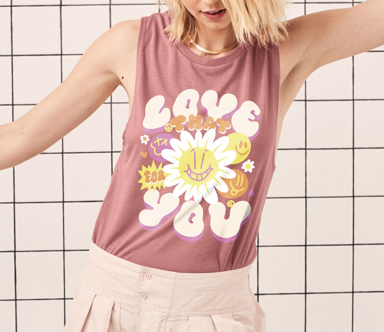 Hippie Love You Daisy Muscle Tank Solid Rogue Model Image