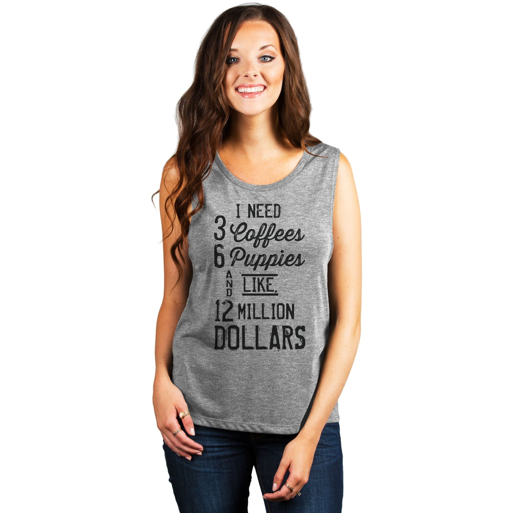 3 Coffees 6 Puppies Million Dollars Women's Relaxed Muscle Tank Tee Heather Grey Model
