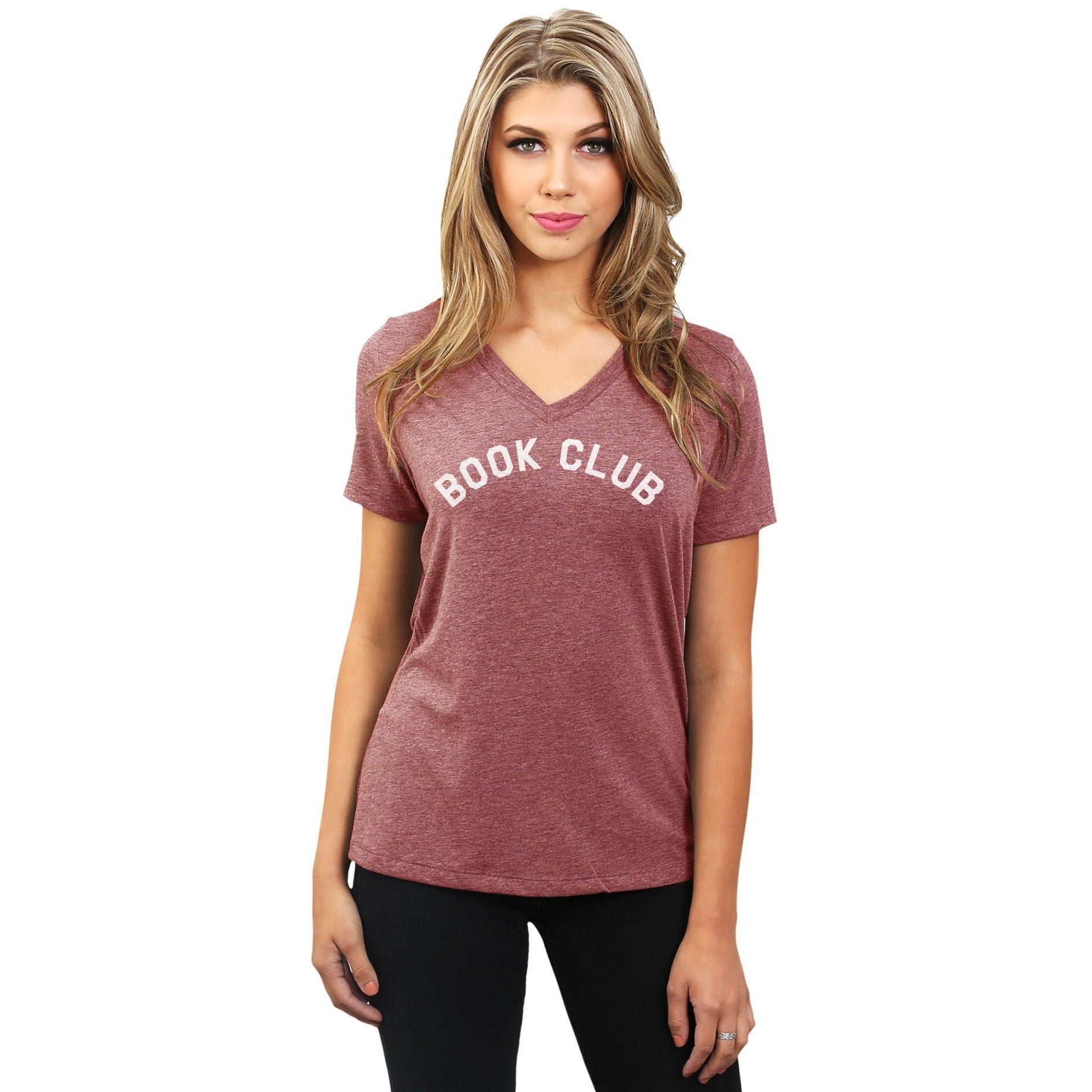 Book Club Women's Relaxed Crewneck T-Shirt Top Tee Heather Rouge Model
