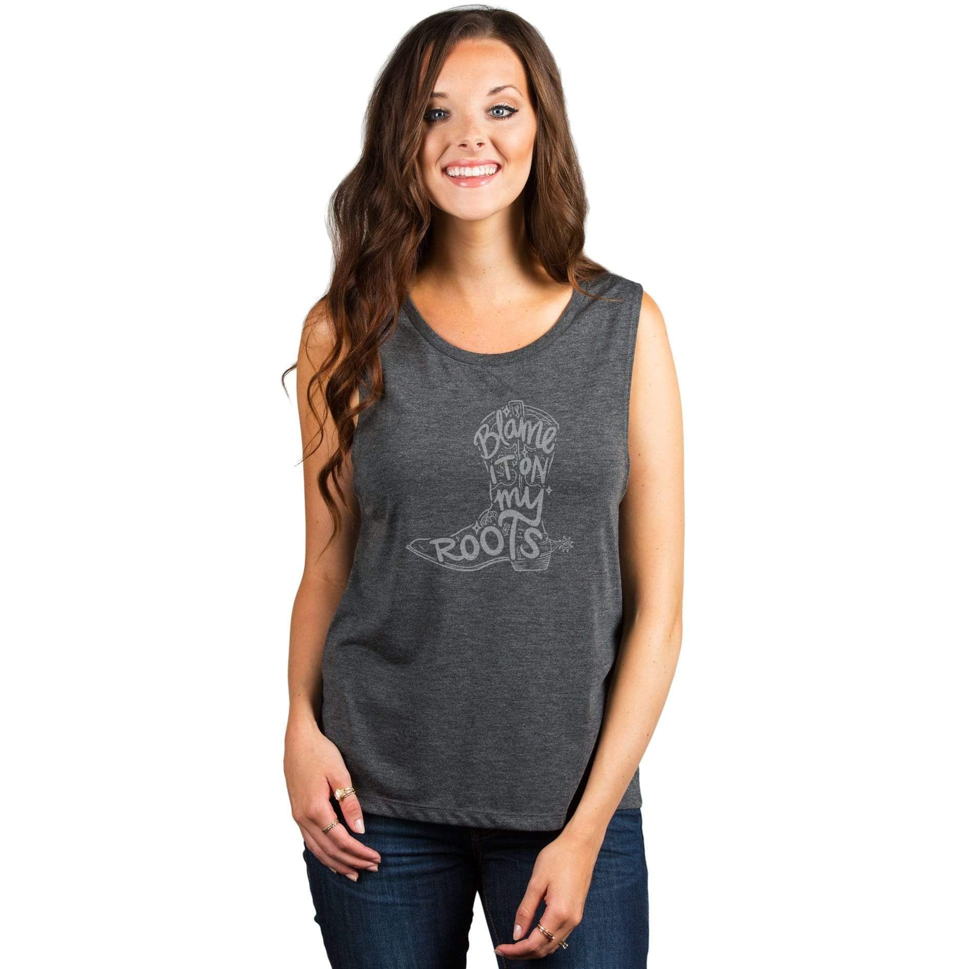 Blame It On My Roots And Sunshine Women's Relaxed Muscle Tank Tee Charcoal