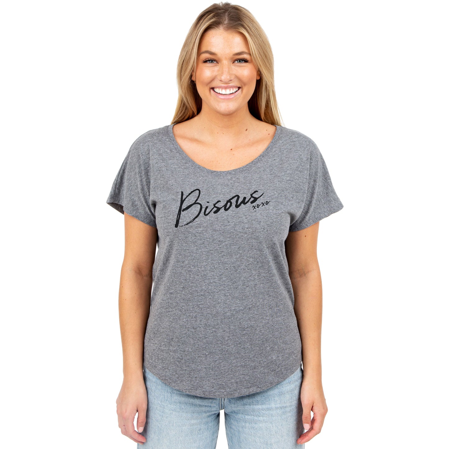 Bisous XOXO Women's Relaxed Slouchy Dolman T-Shirt Tee Heather Grey Model
