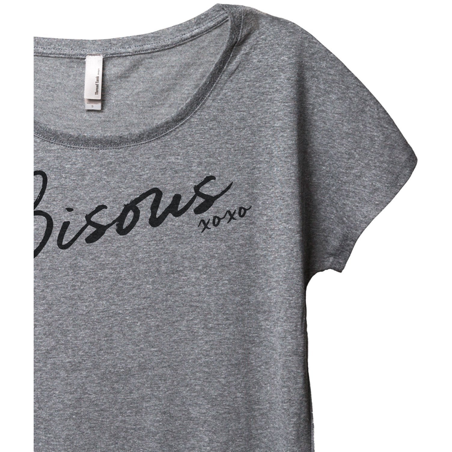 Bisous XOXO Women's Relaxed Slouchy Dolman T-Shirt Tee Heather Grey Closeup Details
