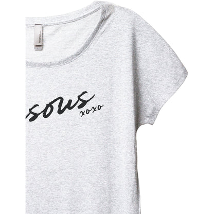 Bisous XOXO Women's Relaxed Slouchy Dolman T-Shirt Tee Heather White Closeup Details
