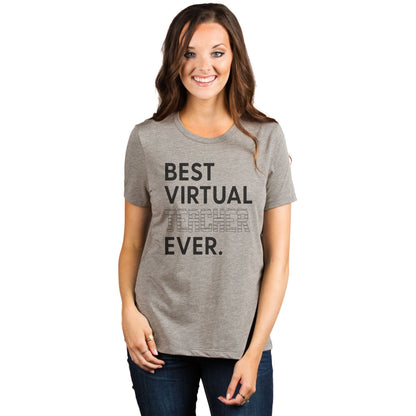 Best Virtual Teacher Ever Women's Relaxed Crewneck T-Shirt Top Tee Heather Tan Model
