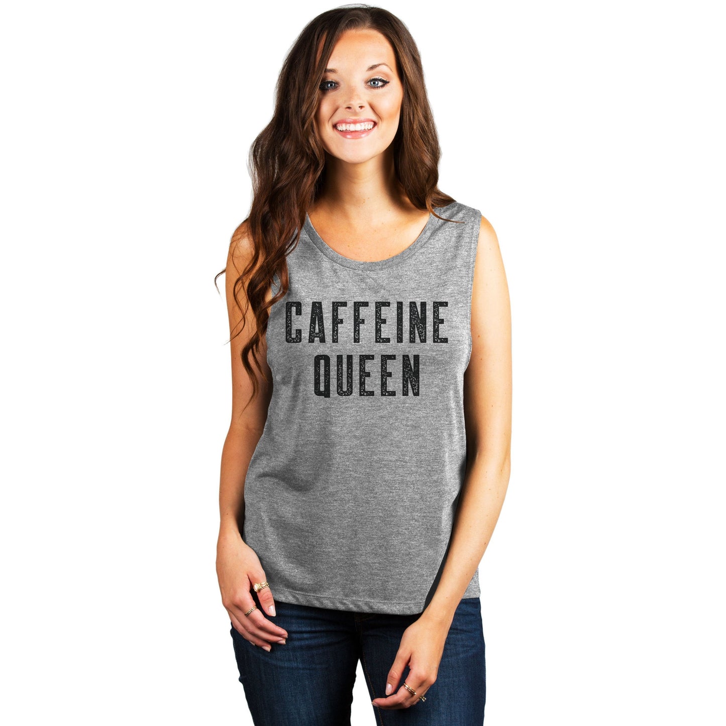 Caffeine Queen Women's Relaxed Muscle Tank Tee Heather Grey Model
