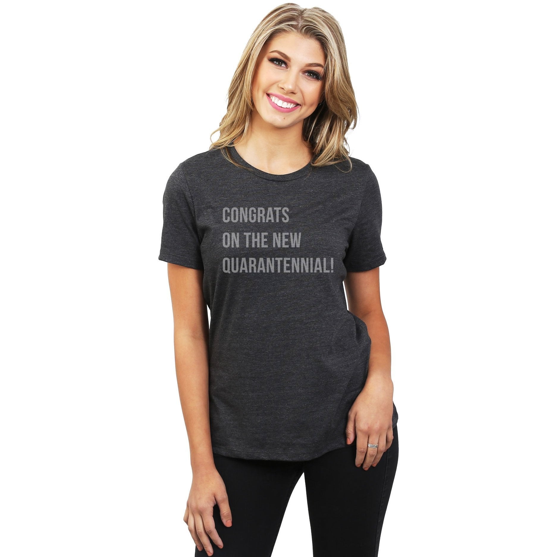 Congrats On The New Quarantennial Women's Relaxed Crewneck T-Shirt Top Tee Charcoal Model
