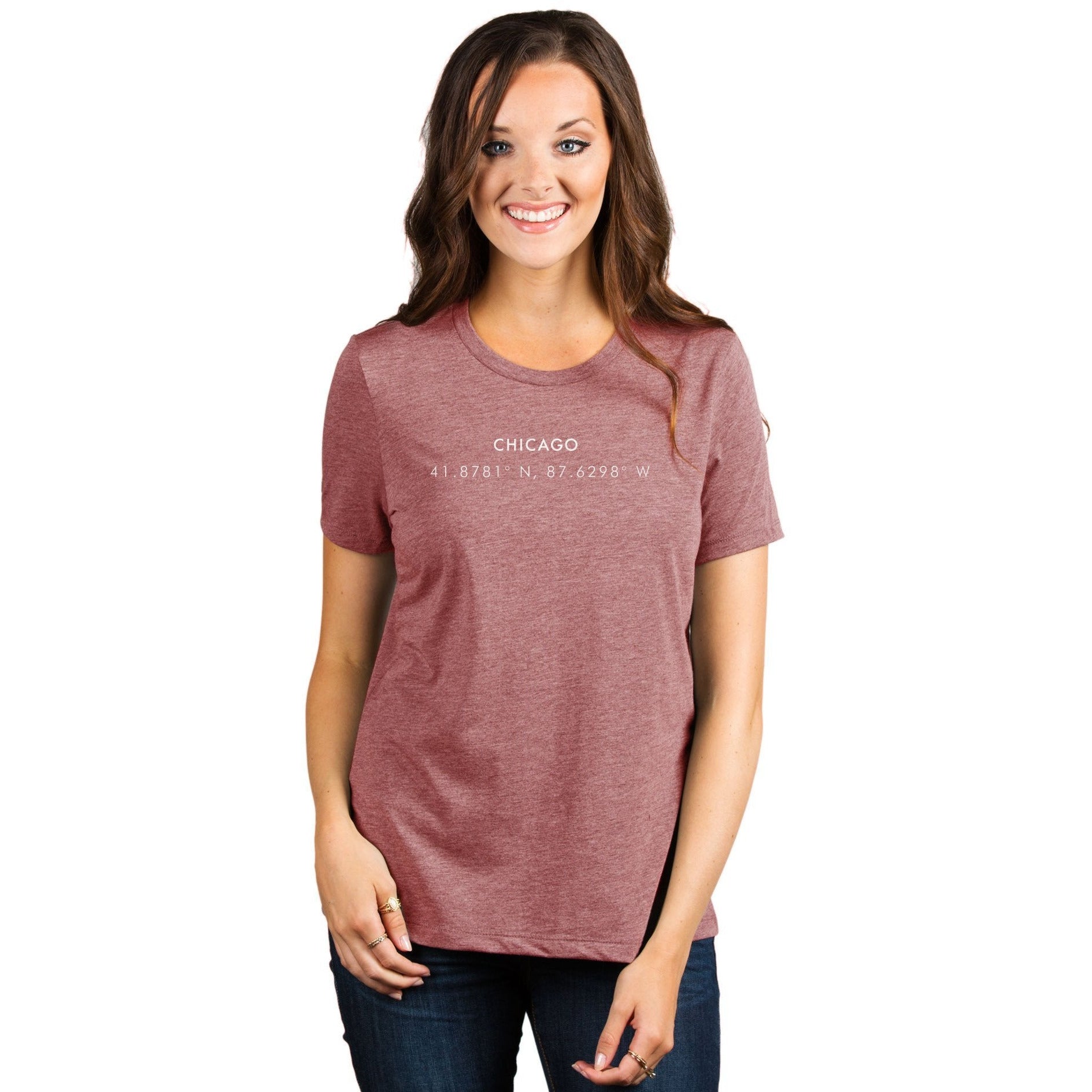 Chicago Illinois Coordinates Women's Relaxed Crewneck T-Shirt Top Tee Heather Rouge Model
