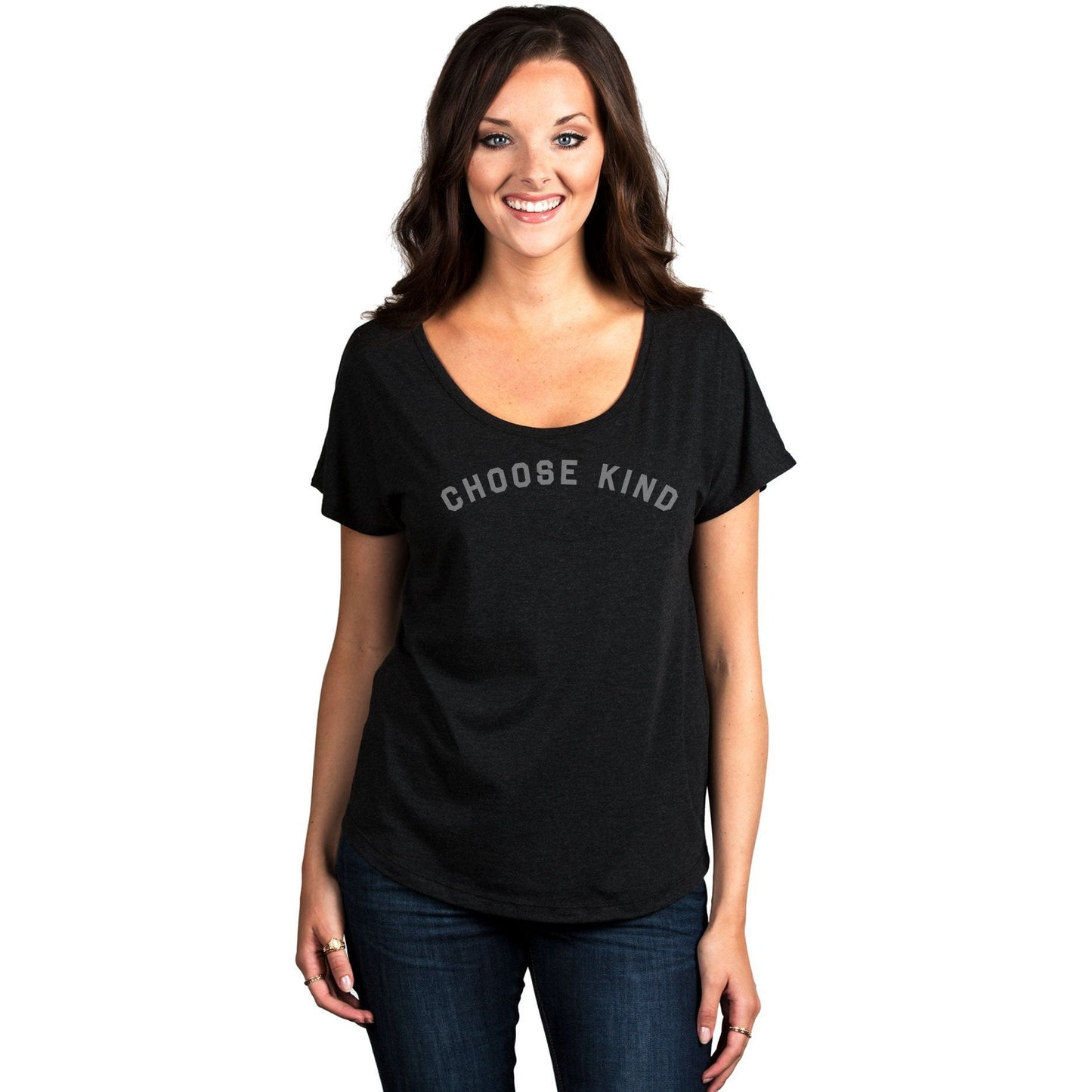 Choose Kind Women's Relaxed Slouchy Dolman T-Shirt Tee Heather Black Model
