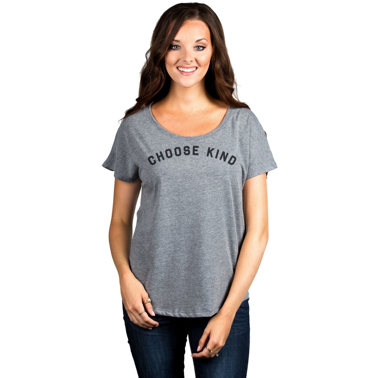 Choose Kind Women's Relaxed Slouchy Dolman T-Shirt Tee Heather Grey Model
