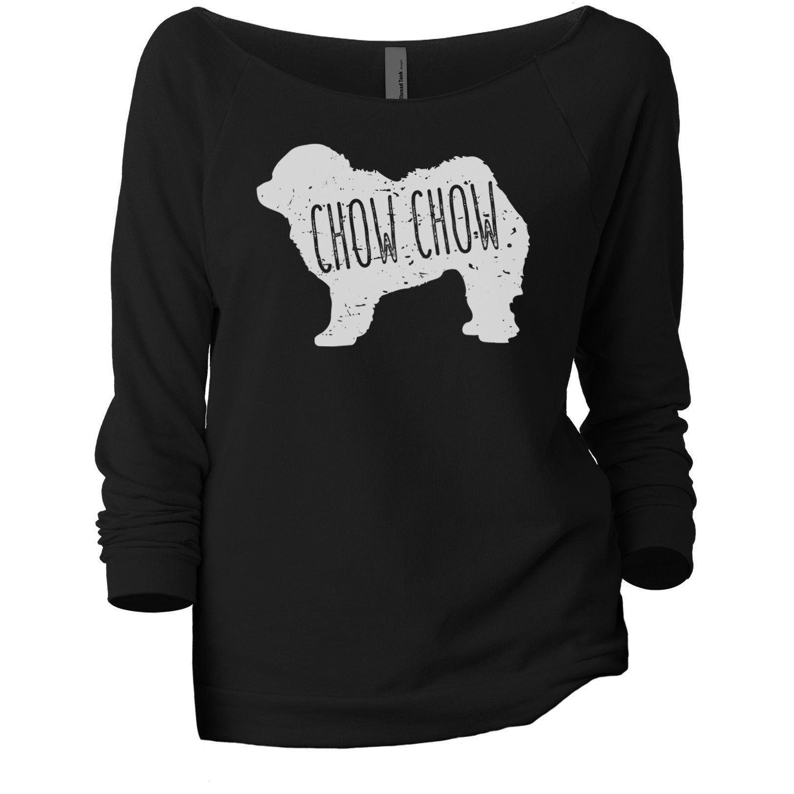 Chow Chow Dog Silhouette Women's Graphic Printed Lightweight Slouchy 3/4 Sleeves Sweatshirt Black
