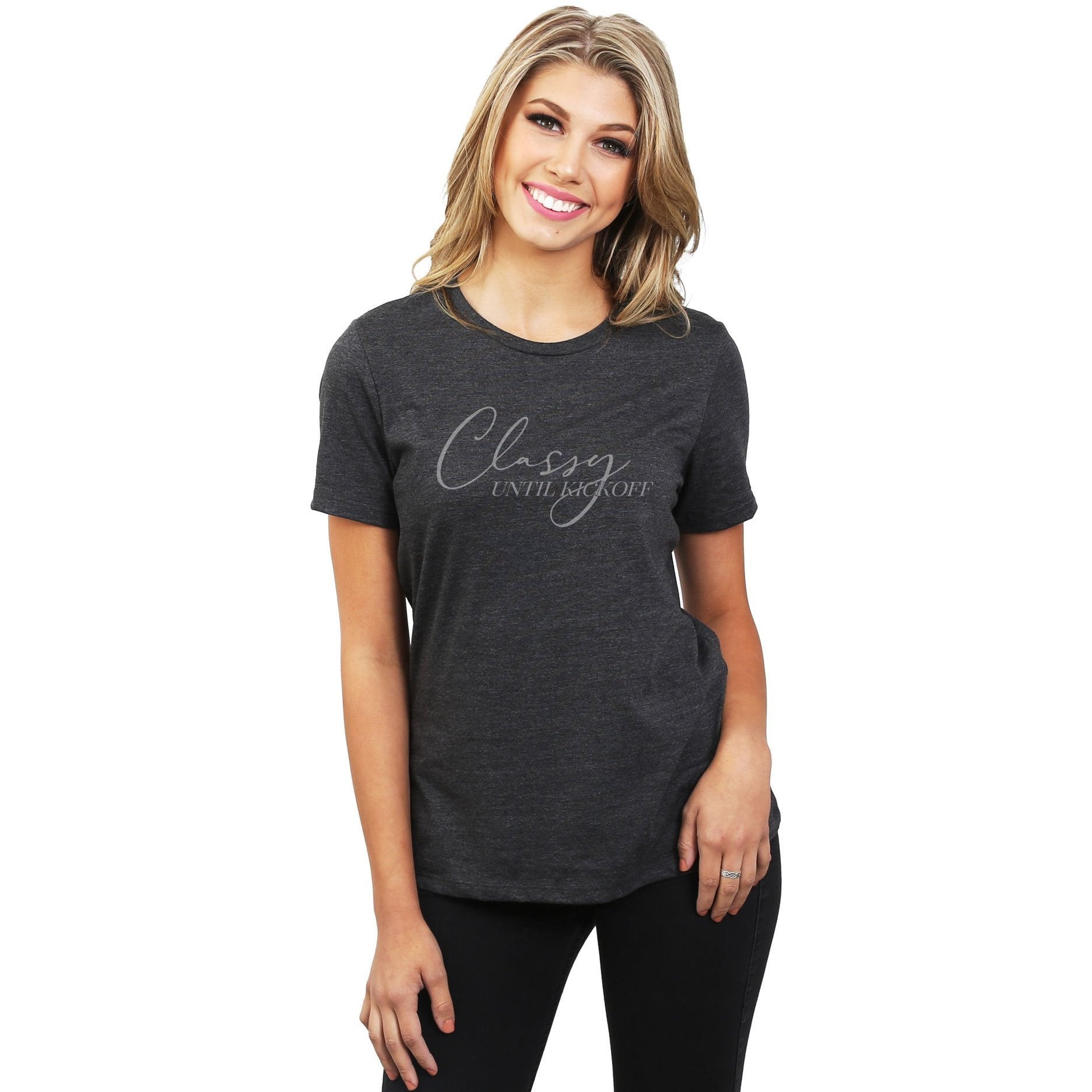 Classy Until Kickoff Women's Relaxed Crewneck T-Shirt Top Tee Charcoal Model
