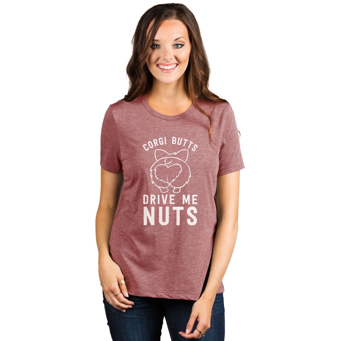 Corgi Butts Drive Me Nutts Women's Relaxed Crewneck T-Shirt Top Tee Heather Rouge Model
