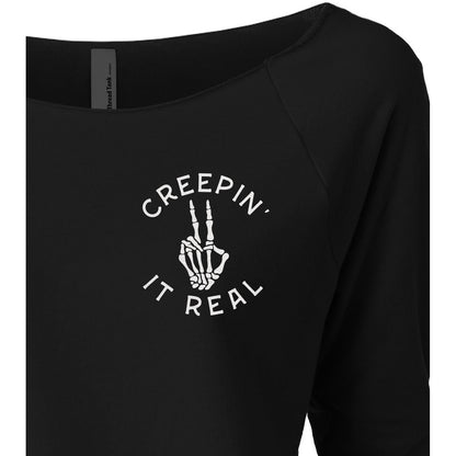 Creepin It Real Women's Graphic Printed Lightweight Slouchy 3/4 Sleeves Sweatshirt Black Closeup