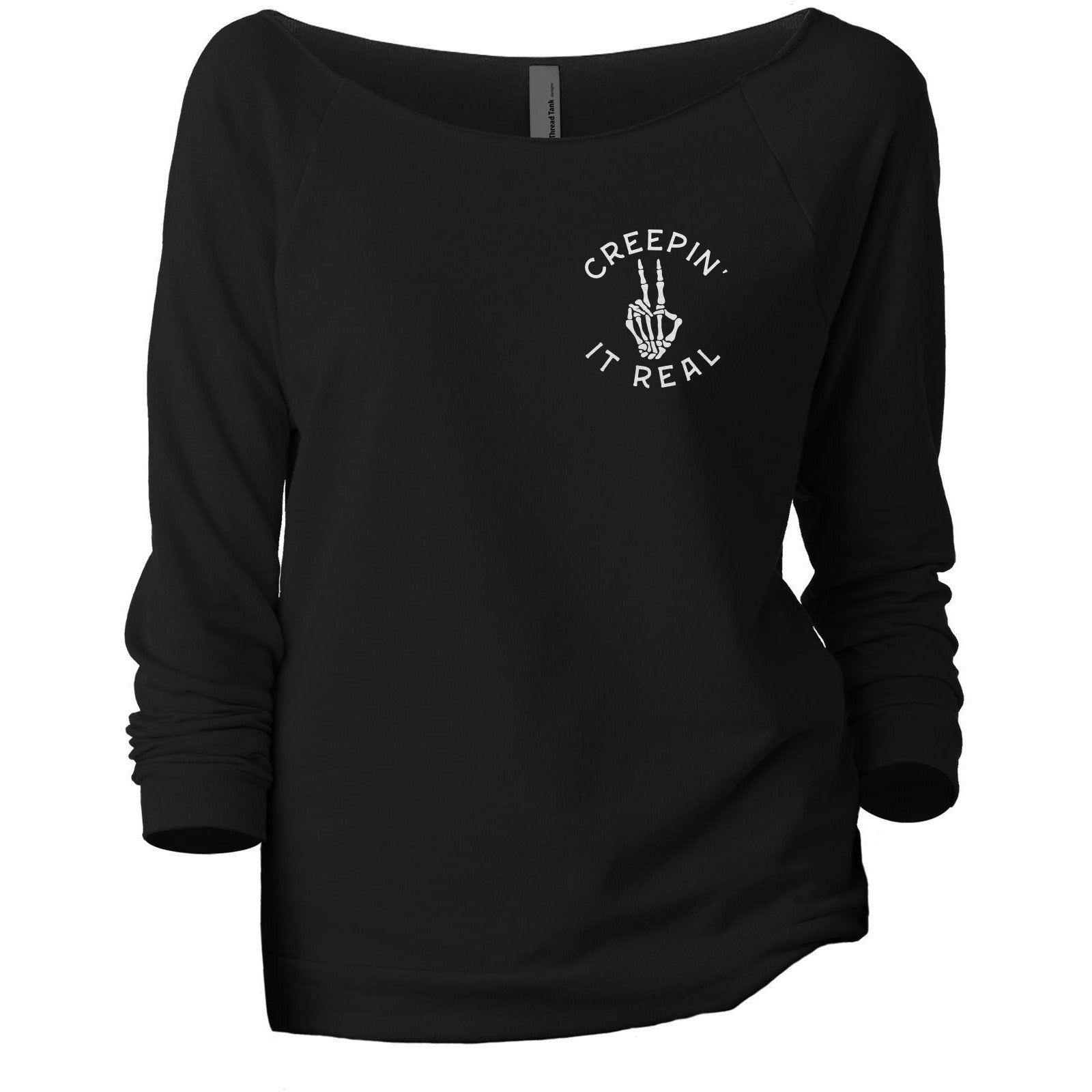 Creepin It Real Women's Graphic Printed Lightweight Slouchy 3/4 Sleeves Sweatshirt Sport Black