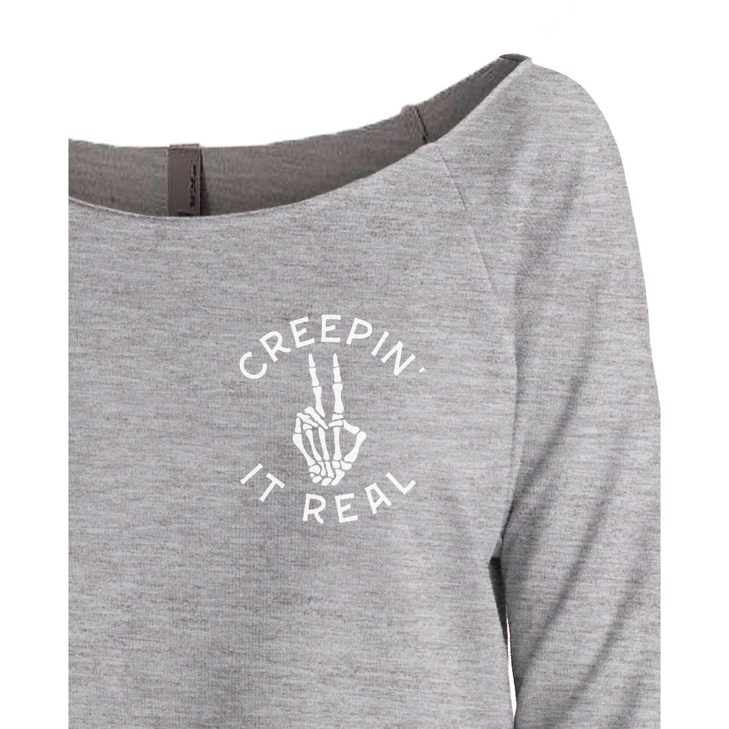 Creepin It Real Women's Graphic Printed Lightweight Slouchy 3/4 Sleeves Sweatshirt Sport Grey Closeup