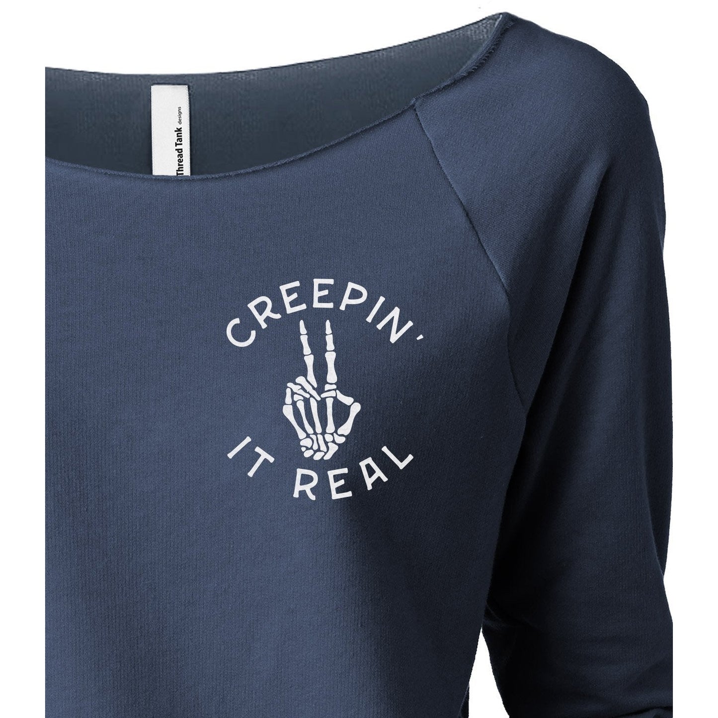 Creepin It Real Women's Graphic Printed Lightweight Slouchy 3/4 Sleeves Sweatshirt Navy Closeup
