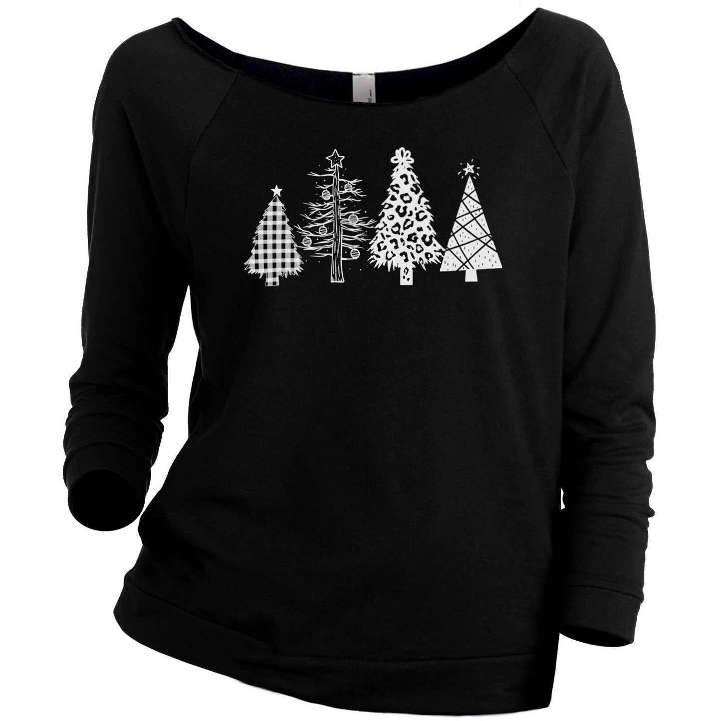 Christmas Tree Season Women's Graphic Printed Lightweight Slouchy 3/4 Sleeves Sweatshirt Black