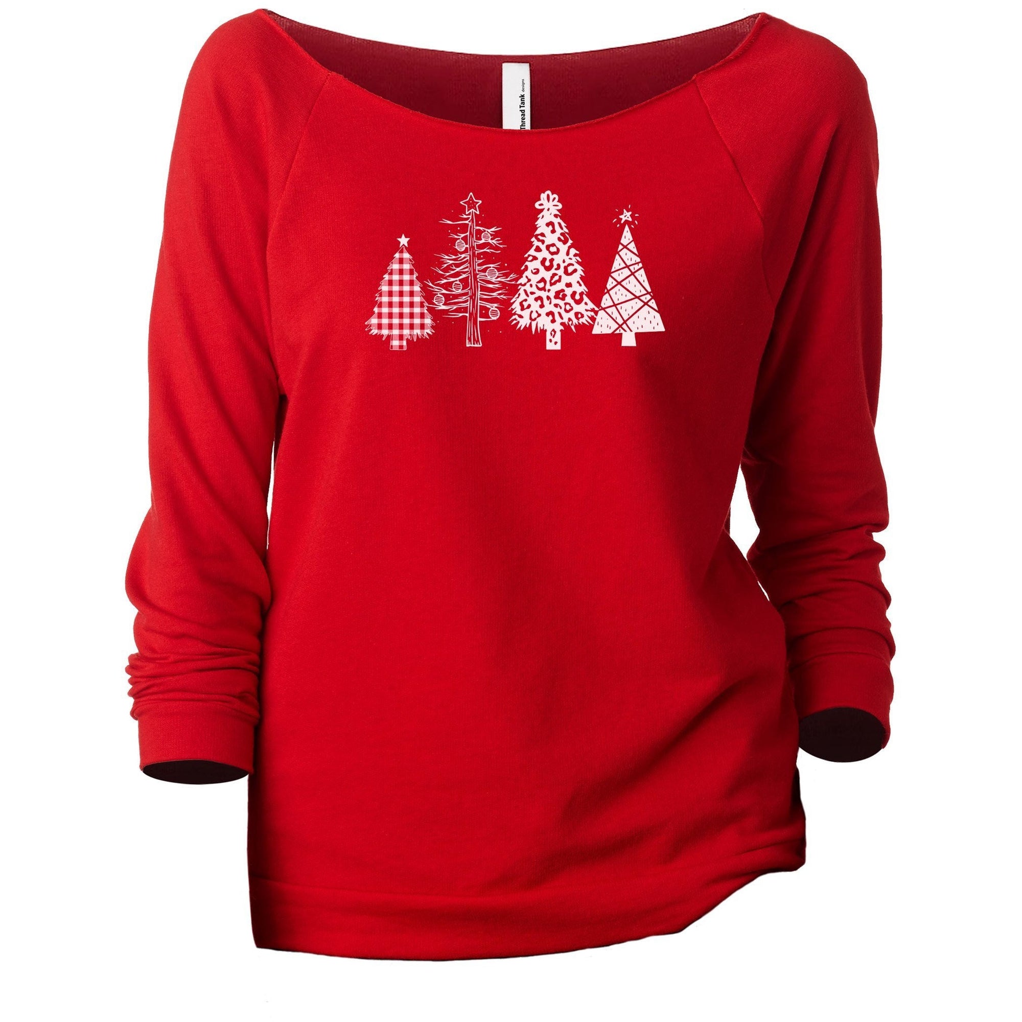 Christmas Tree Season Women's Graphic Printed Lightweight Slouchy 3/4 Sleeves Sweatshirt Red