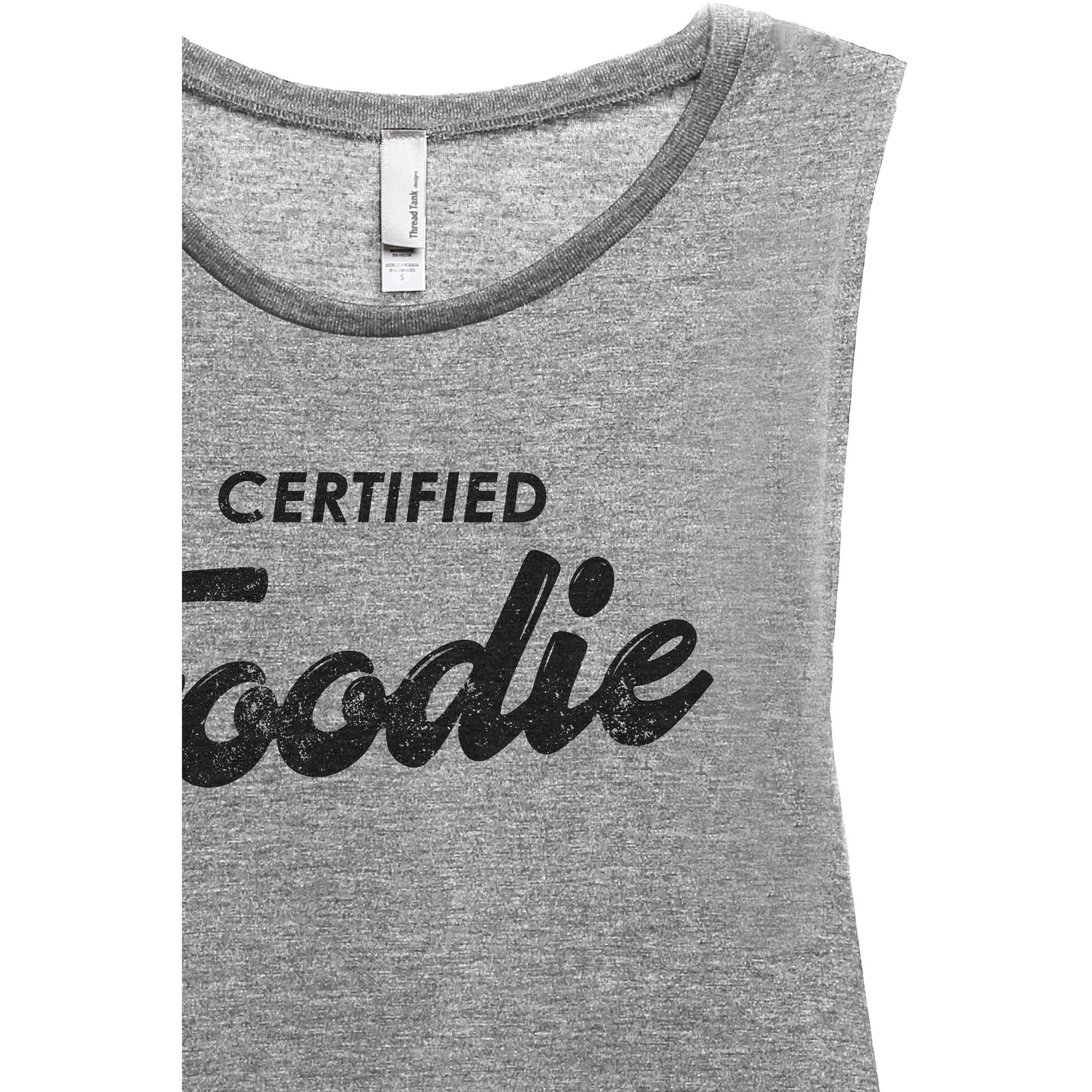 Certified Foodie Women's Relaxed Muscle Tank Tee Heather Grey Closeup Details

