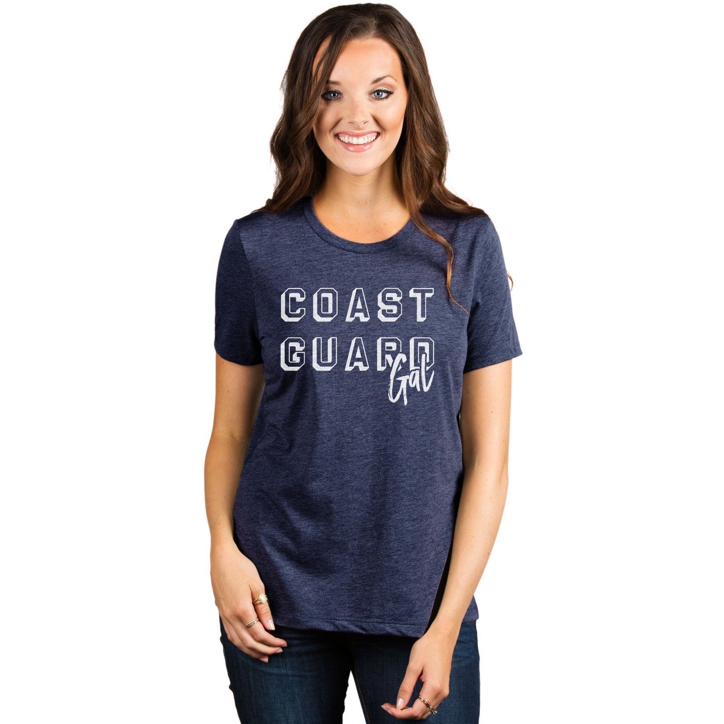 Coast Guard Gal Women's Relaxed Crewneck T-Shirt Top Tee Heather Navy Model
