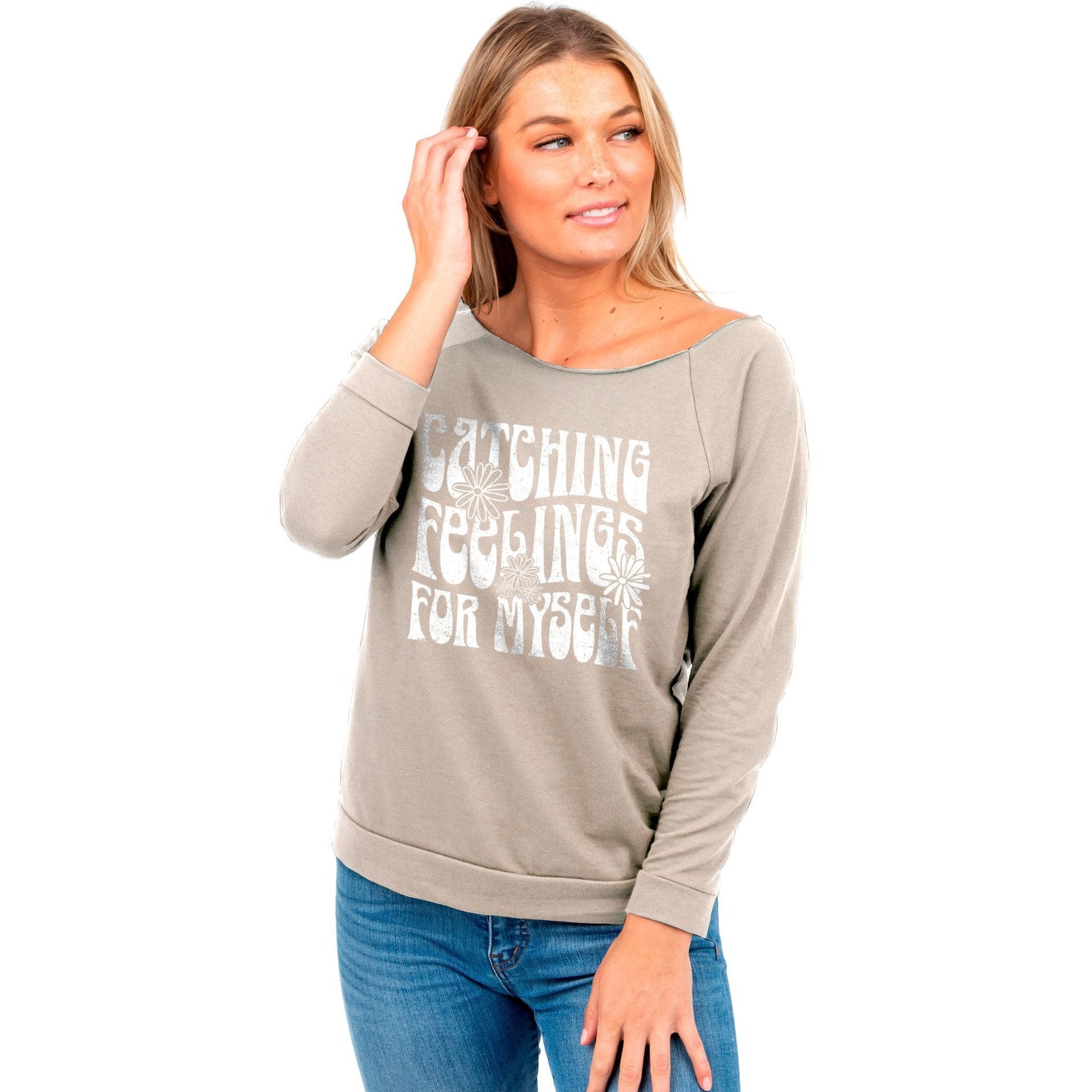 Catching Feelings For Myself Women's Graphic Printed Lightweight Slouchy 3/4 Sleeves Sweatshirt Dust Model