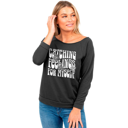 Catching Feelings For Myself Women's Graphic Printed Lightweight Slouchy 3/4 Sleeves Sweatshirt Gunmetal Model