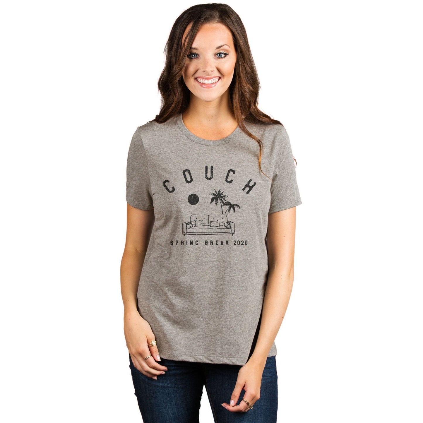 Couch Spring Break Women's Relaxed Crewneck T-Shirt Top Tee Charcoal Model
