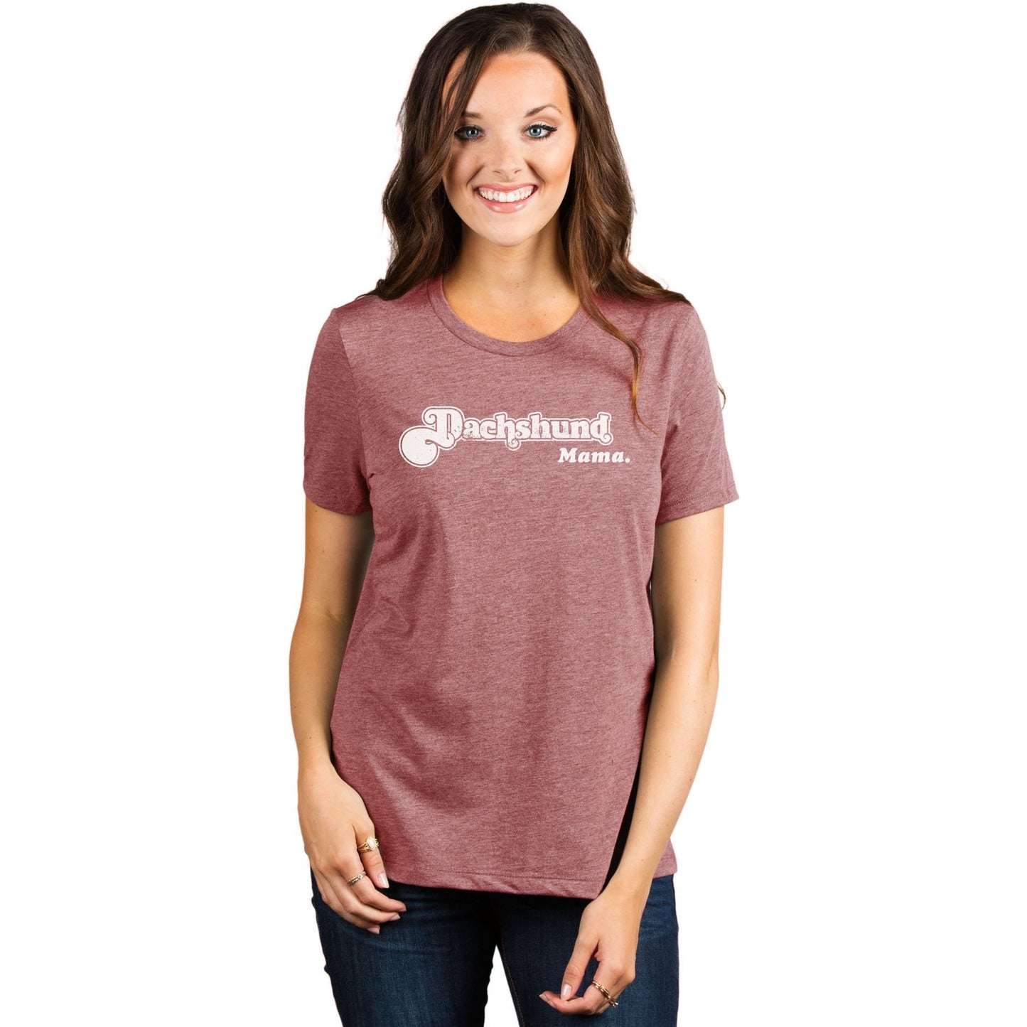 Dachshund Mama Women's Relaxed Crewneck T-Shirt Top Tee Heather Rouge Model

