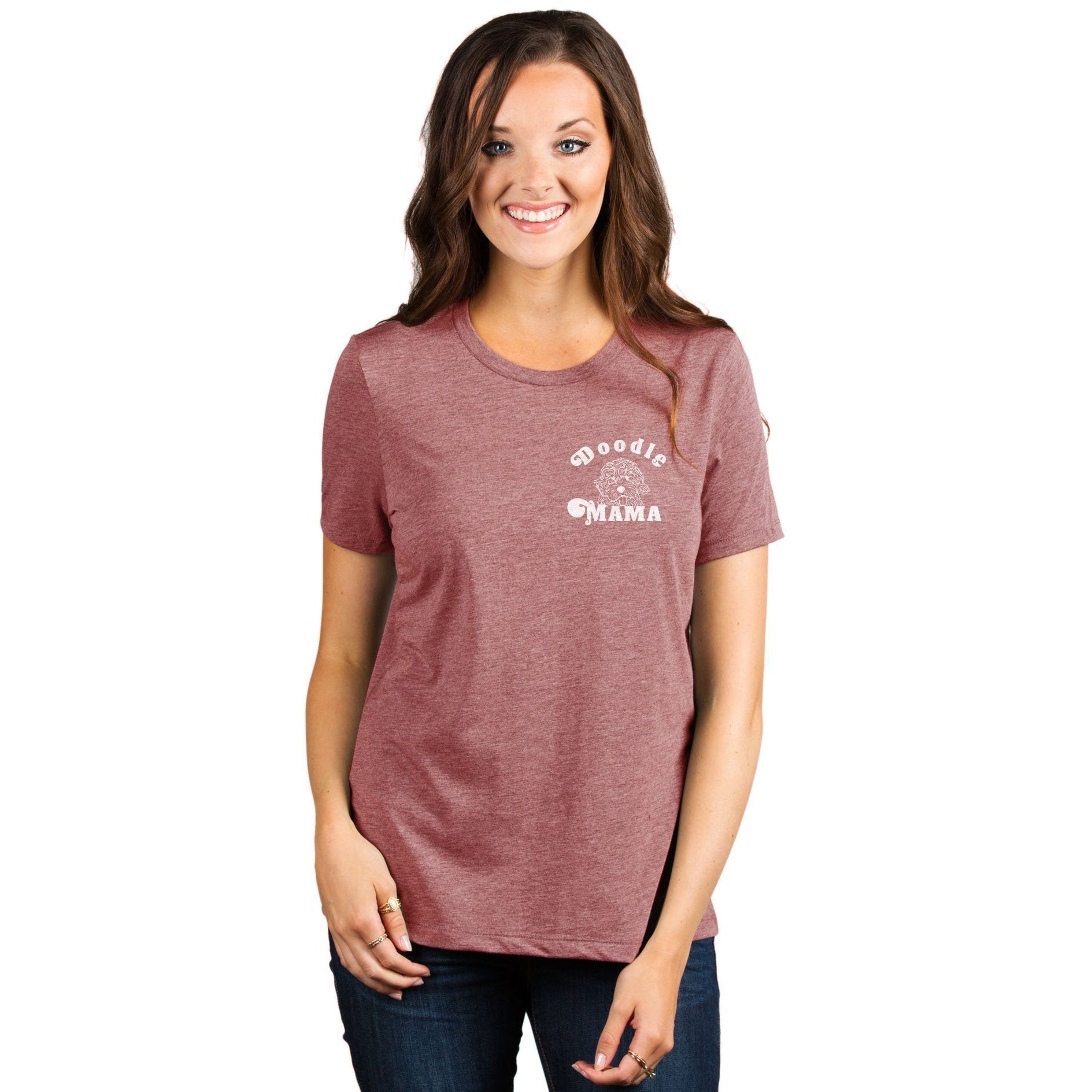 Doodle Mama Women's Relaxed Crewneck T-Shirt Top Tee Heather Rouge Model
