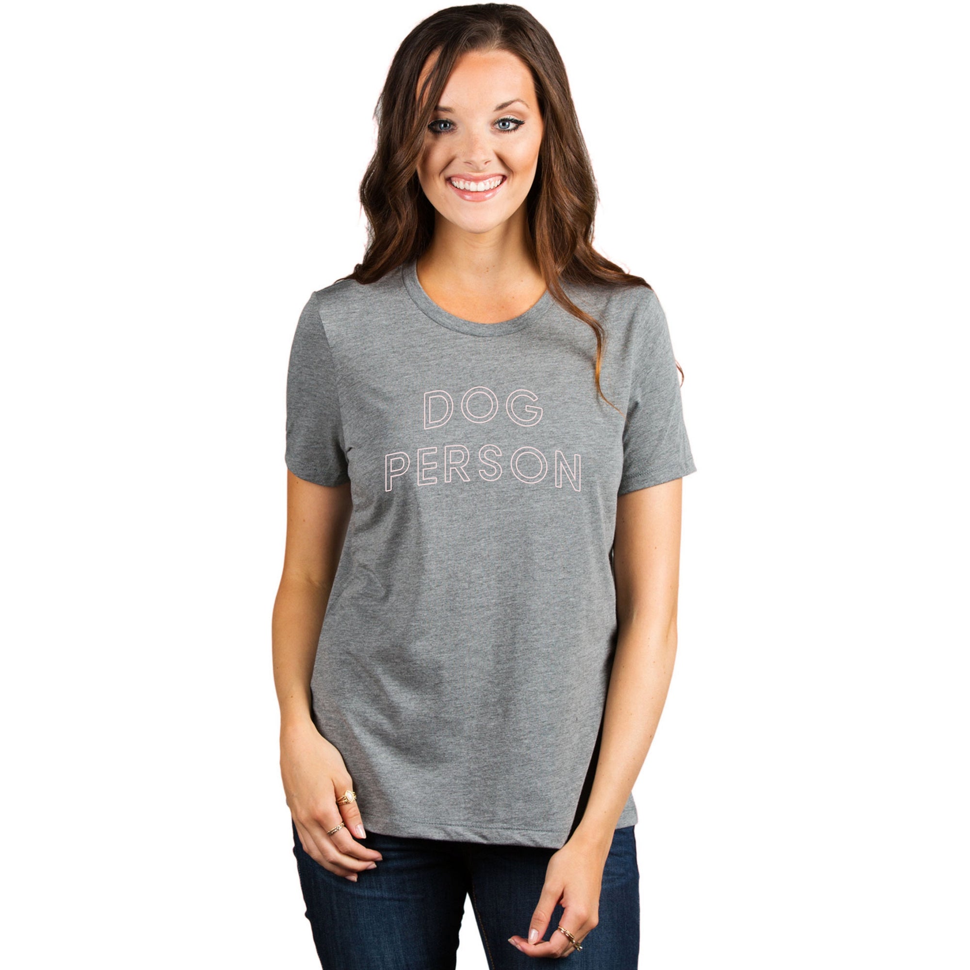 Dog Person Women's Relaxed Crewneck T-Shirt Top Tee Heather Grey Model
