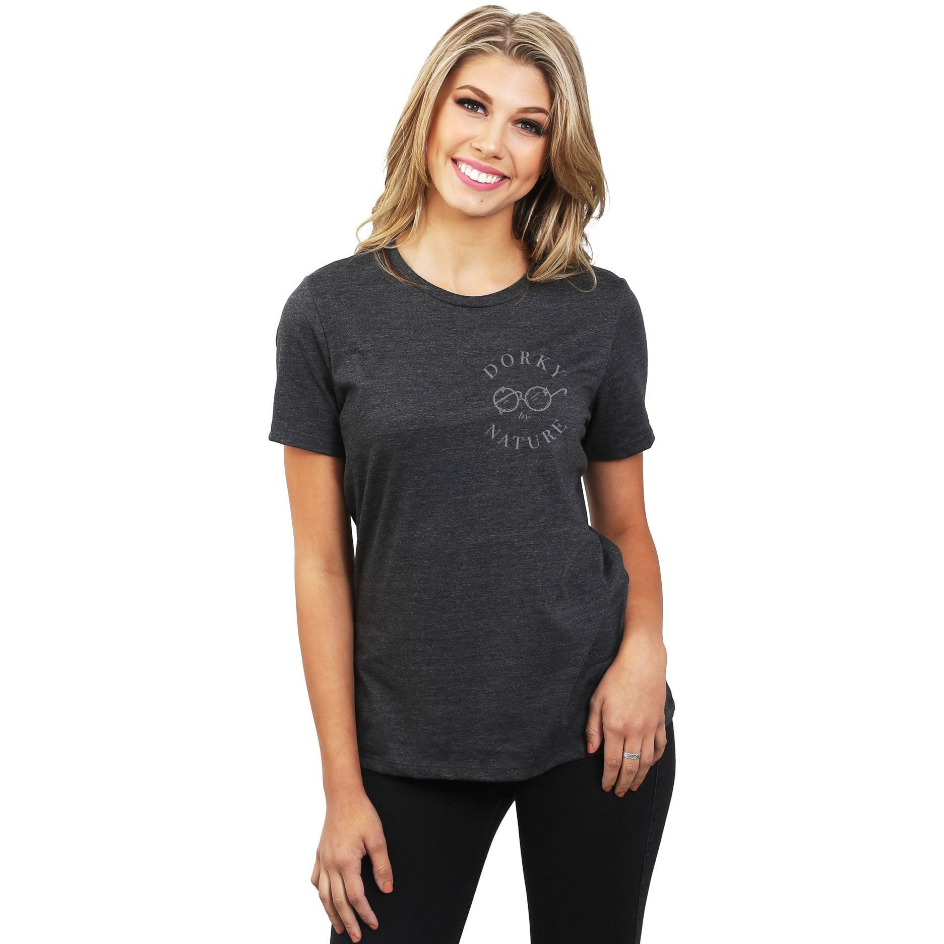 Dorky By Nature Women's Relaxed Crewneck T-Shirt Top Tee Charcoal Model
