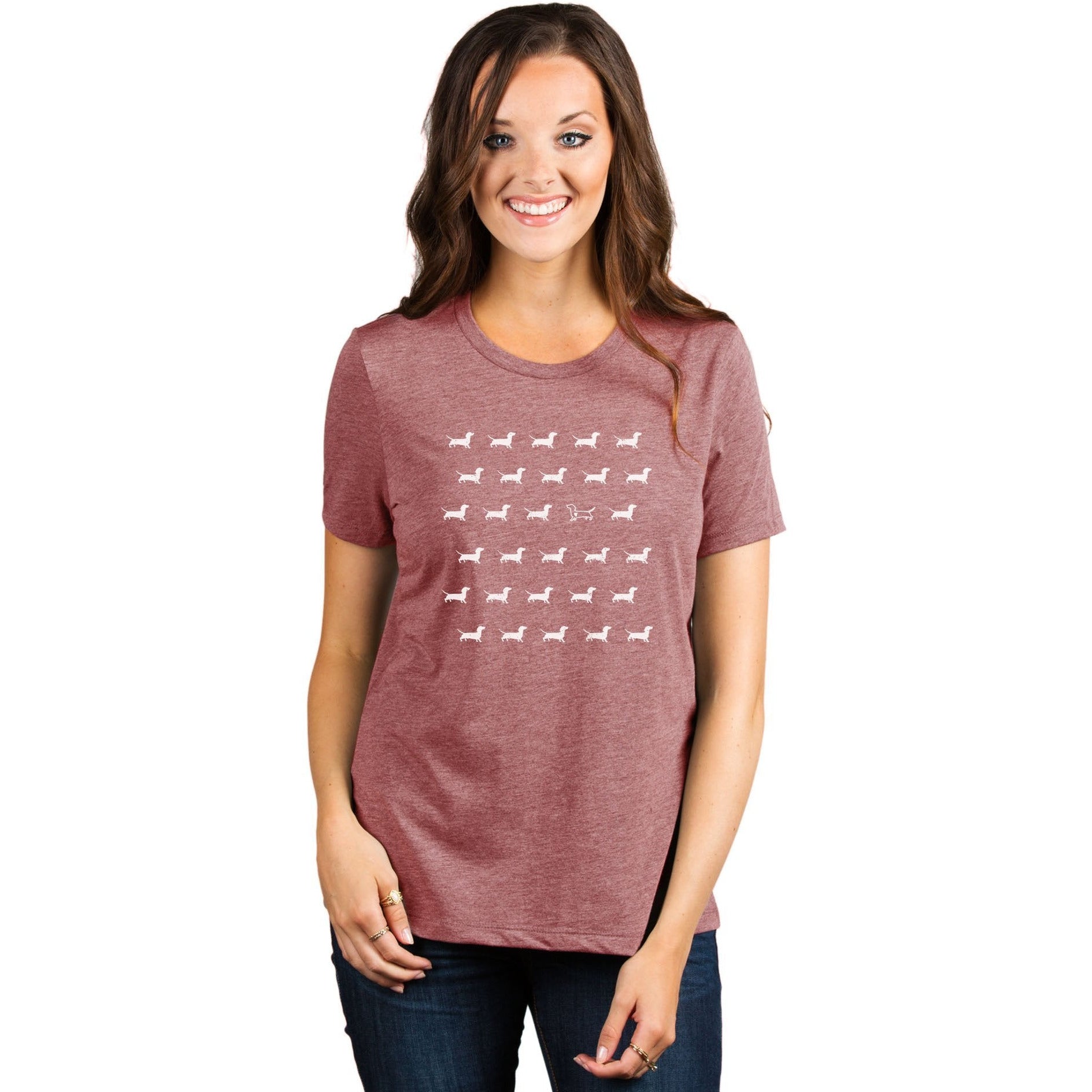 Dachshund Stand Out Women's Relaxed Crewneck T-Shirt Top Tee Heather Rouge Model
