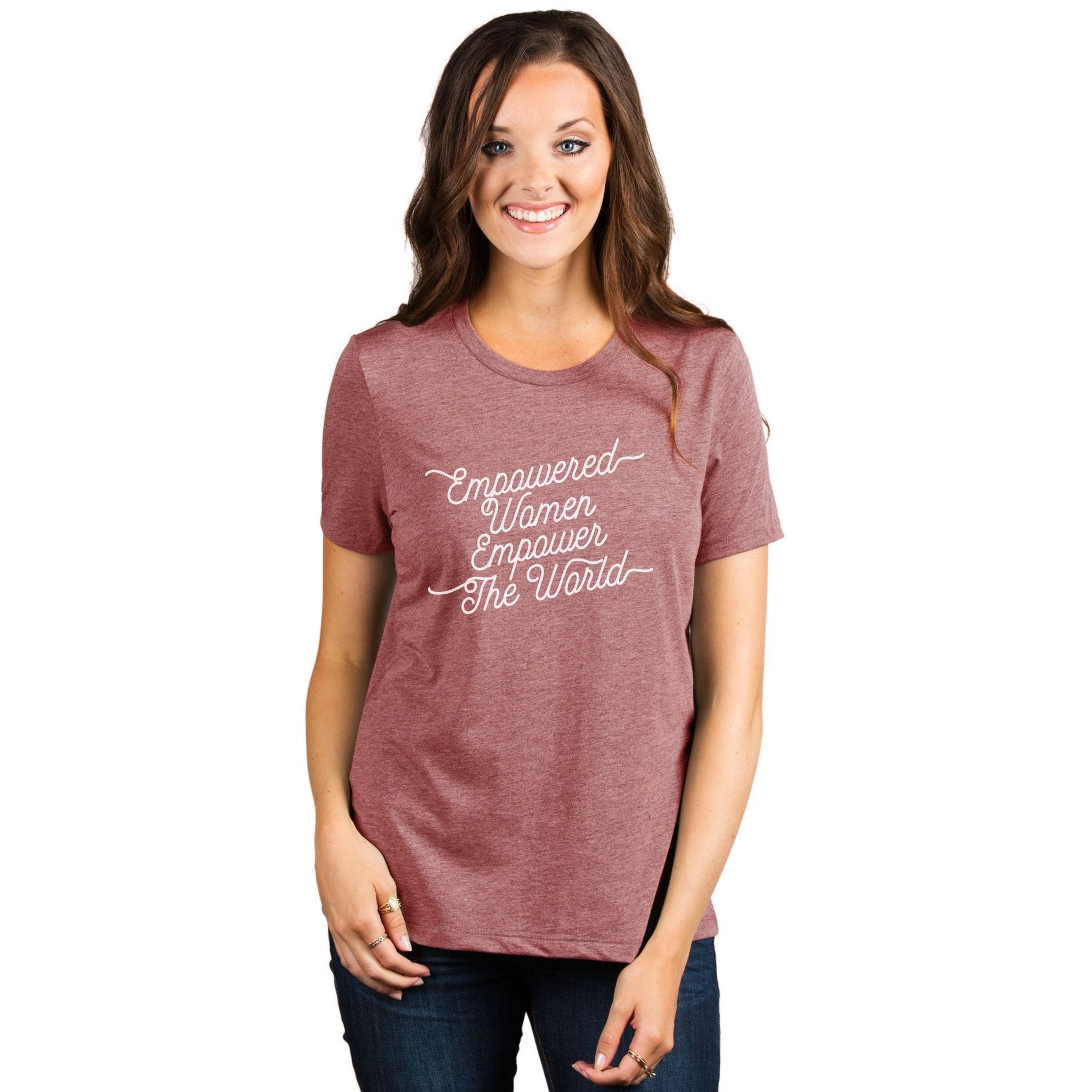 Empowered Women Empower The World Women's Relaxed Crewneck T-Shirt Top Tee Heather Rouge Model
