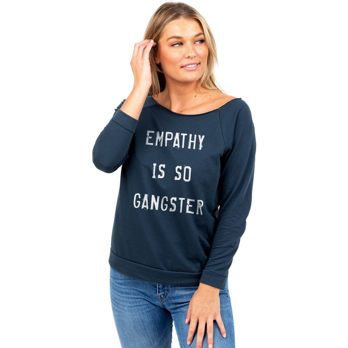 Empathy Is So Gangster Women's Graphic Printed Lightweight Slouchy 3/4 Sleeves Sweatshirt Navy Model