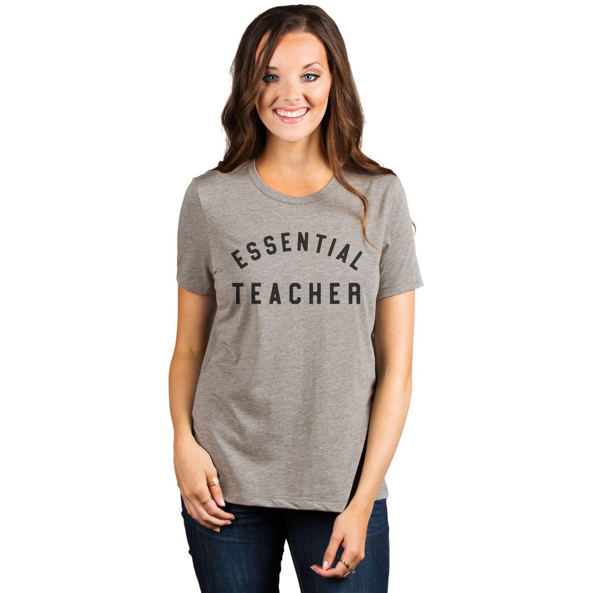 Essential Teacher Women's Relaxed Crewneck T-Shirt Top Tee Heather Tan Model
