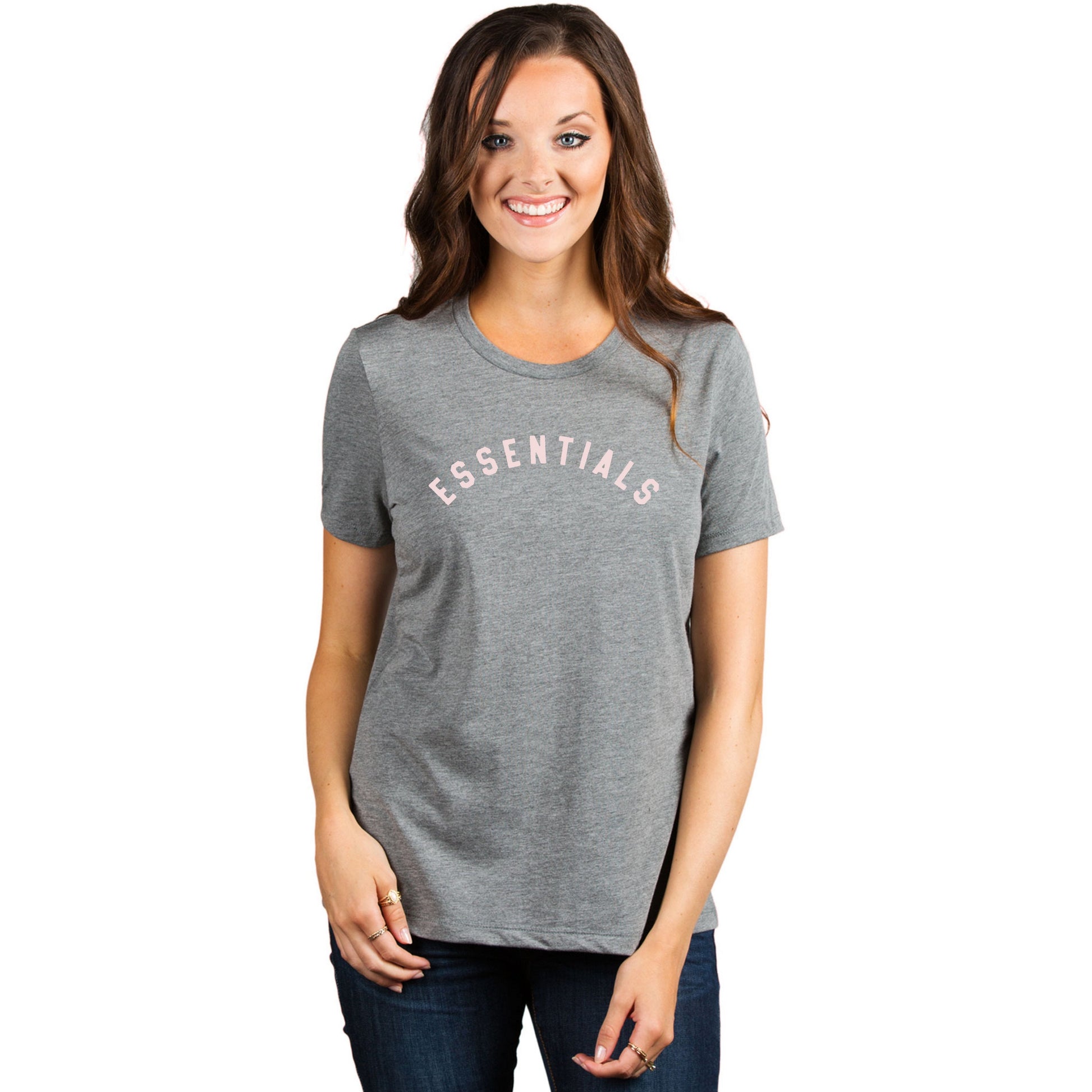 Essentials Women's Relaxed Crewneck T-Shirt Top Tee Heather Grey Model
