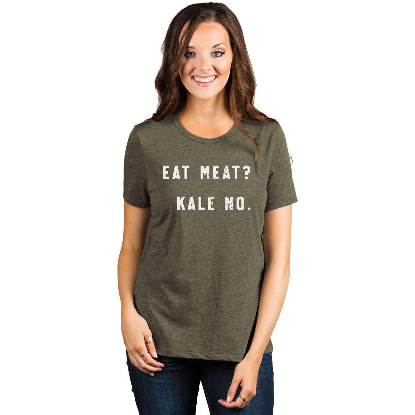Eat Meat Kale No Women's Relaxed Crewneck T-Shirt Top Tee Heather Sage Model