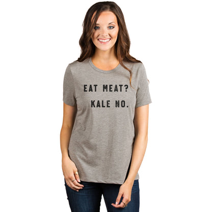 Eat Meat Kale No Women's Relaxed Crewneck T-Shirt Top Tee Heather Tan Model