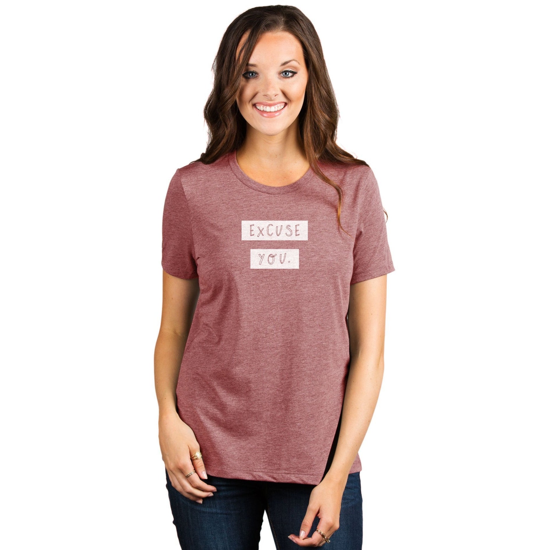 Excuse You Women's Relaxed Crewneck T-Shirt Top Tee Heather Rouge Model
