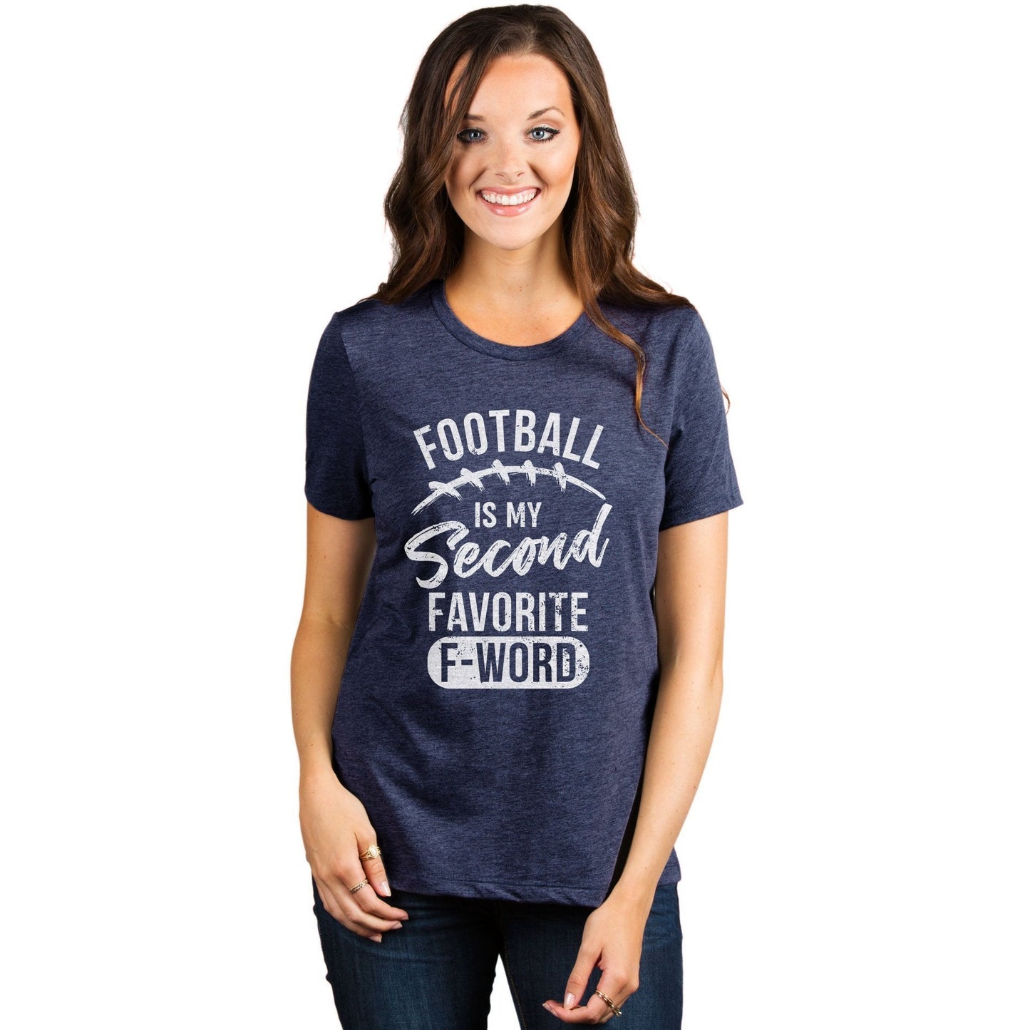 Football Is My Second Favorite F Word Women's Relaxed Crewneck T-Shirt Top Tee Heather Navy Model
