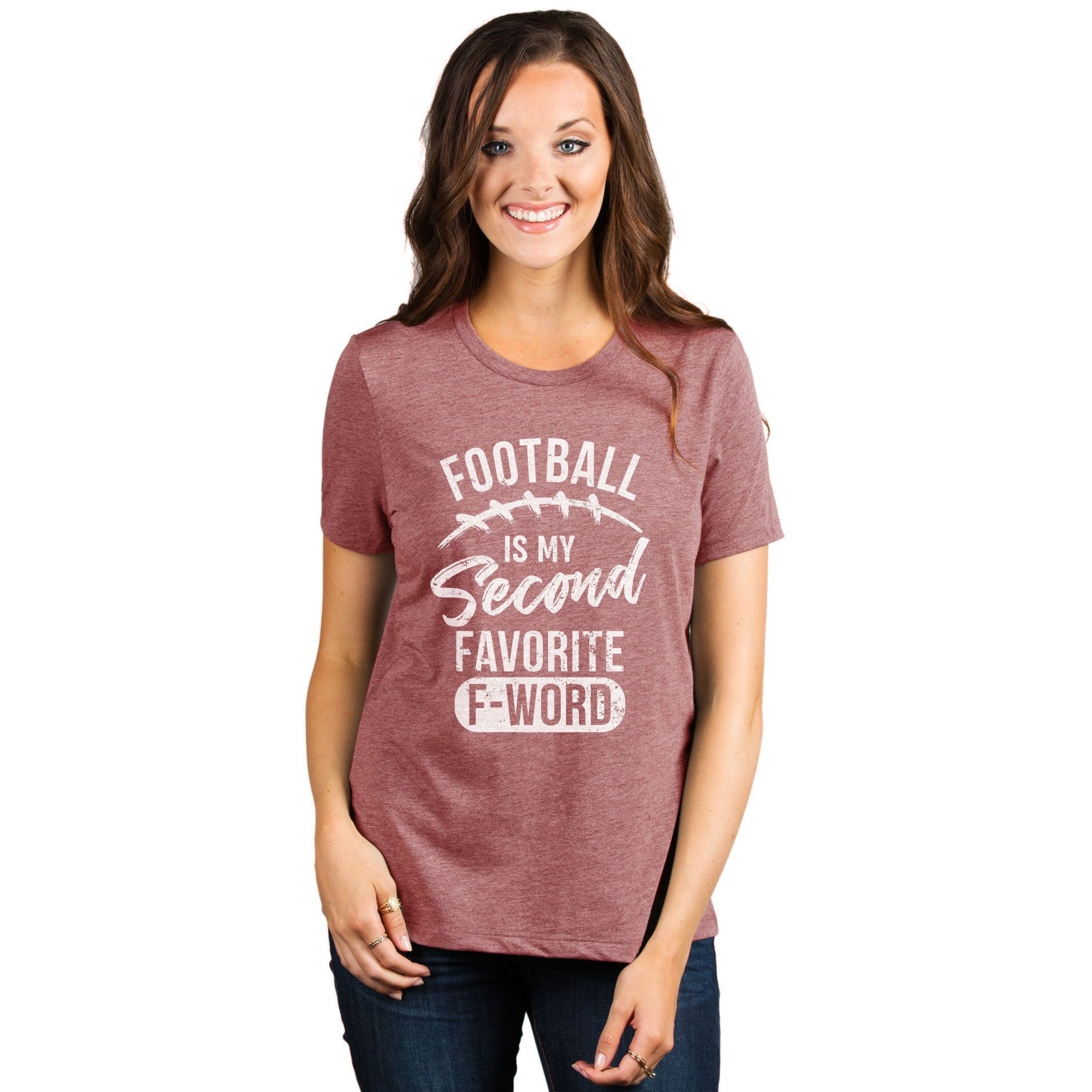 Football Is My Second Favorite F Word Women's Relaxed Crewneck T-Shirt Top Tee Heather Rouge Model
