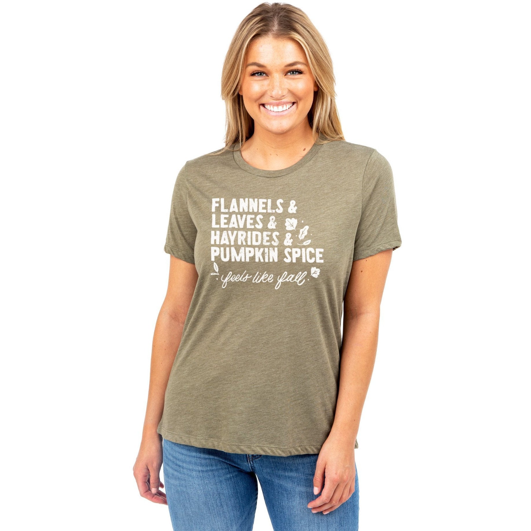 Flannels & Leaves & Hayrides & Pumpkin Spice...Feels like Fall Women's Relaxed Crewneck T-Shirt Top Tee Heather Sage Model
