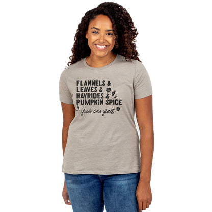 Flannels & Leaves & Hayrides & Pumpkin Spice...Feels like Fall Women's Relaxed Crewneck T-Shirt Top Tee Heather Tan Model
