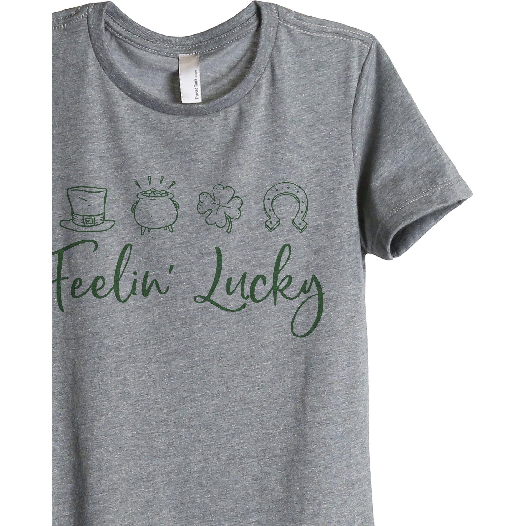 Feelin' Lucky Women's Relaxed Crewneck T-Shirt Top Tee Heather Grey Exclusive Green Zoom Details
