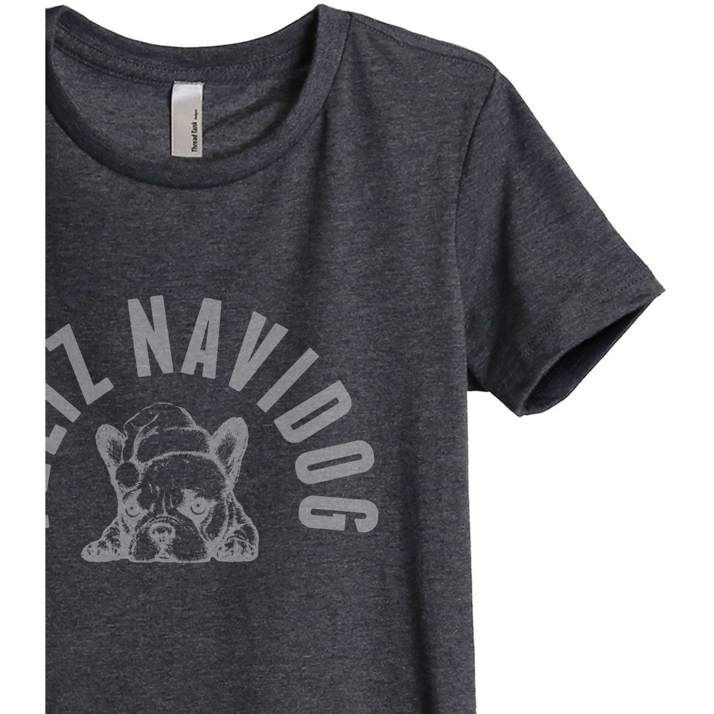 Feliz Navidog Women's Relaxed Crewneck T-Shirt Top Tee Charcoal Grey Zoom Details